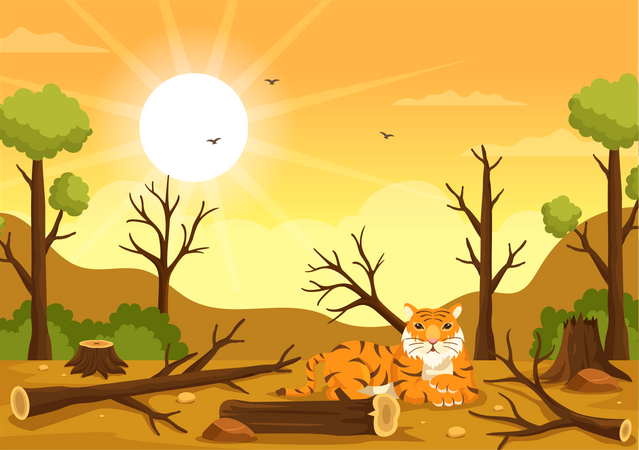 Tiger sitting in Deforestation jugnle  Illustration