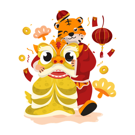 Tiger with lion dance costume Illustration