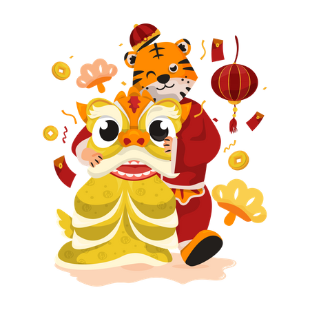 Tiger with lion dance costume  Illustration