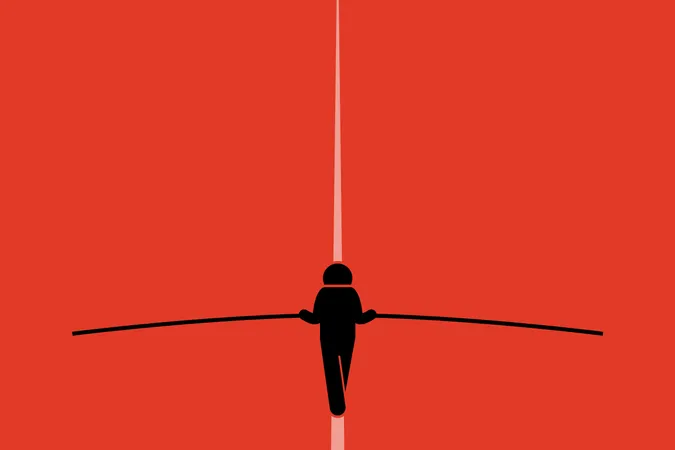 Tightrope walker walking and balancing on the wire with a long pole.  Illustration