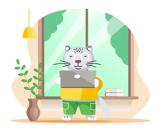Tigre branco trabalhando no laptop  Ilustração
