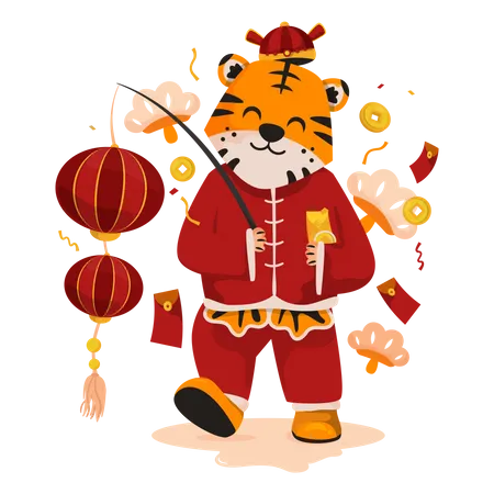 Tigre fofo com lanterna chinesa  Ilustração