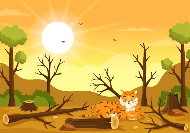 Tigre sentado na selva do desmatamento  Ilustração