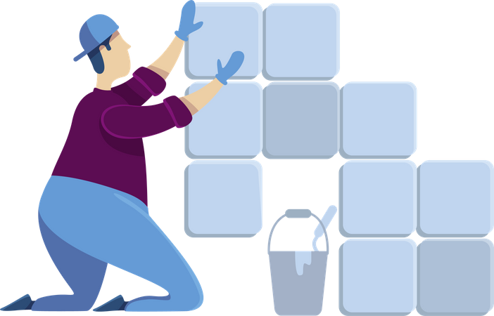 Tiler installing ceramic tiles  Illustration