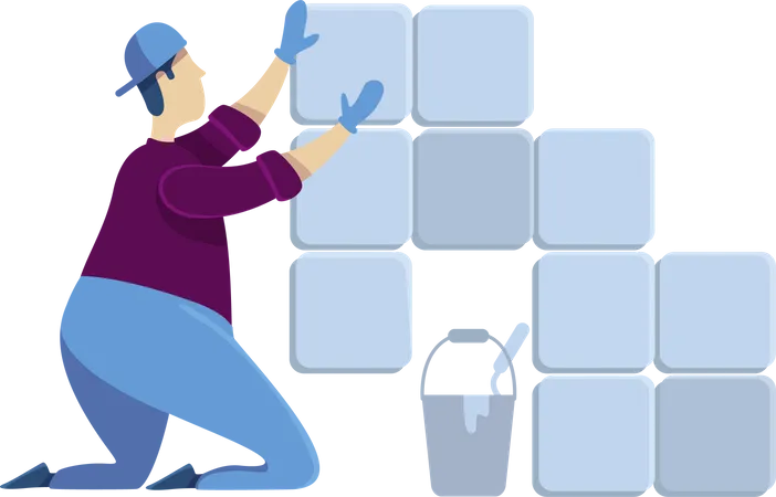 Tiler installing ceramic tiles  Illustration