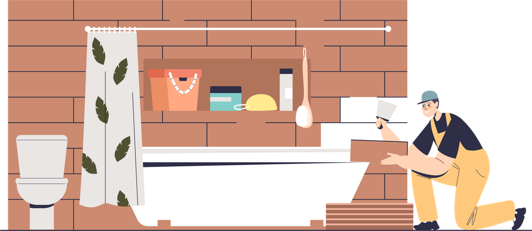 Tiler laying ceramic tiles in modern bathroom  Illustration