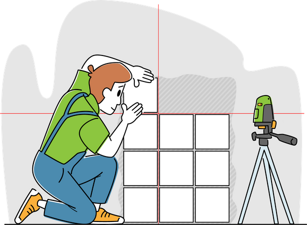 Tiles Laying Service. Worker Character with Laser Level Tool Fitting Tile Pieces on Wall. House Work, Handyman Business Illustration