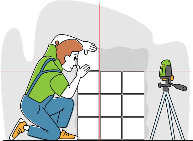 Tiles Laying Service. Worker Character with Laser Level Tool Fitting Tile Pieces on Wall. House Work, Handyman Business  Illustration