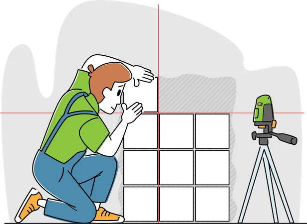 Tiles Laying Service. Worker Character with Laser Level Tool Fitting Tile Pieces on Wall. House Work, Handyman Business  Illustration