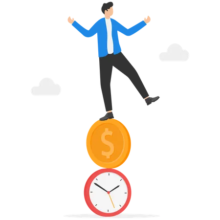 Time And Money Balance Weight Between Work And Life Long Term Investment Or Savings Control Or Make Decision Concept Cheerful Businessman Balance Between Time Clock And Dollar Money Illustration