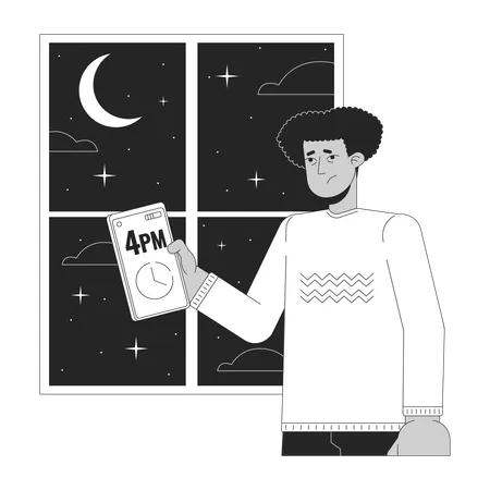 Time Change Cause Depression Black And White Cartoon Flat Illustration Hispanic Man With Low Mood Checking Time On Phone 2 D Lineart Character Isolated SAD Cause Monochrome Scene Vector Outline Image Illustration