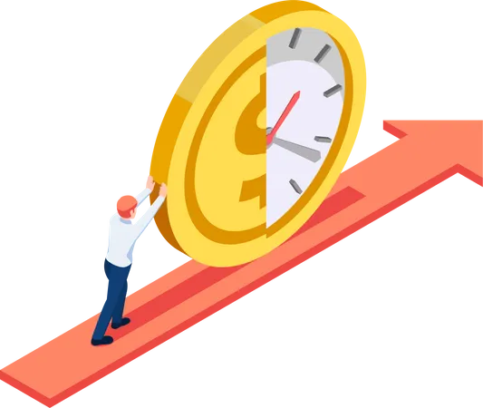 Flat 3 D Isometric Businessman Push Half Of Clock And Money Coin Forward Time Is Money And Financial Concept Illustration