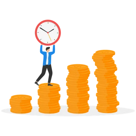 Time Is Money Long Term Investment Return Retirement Pension Fund Concept Smart Businessman Investor Putting Time Pieces Clock Illustration