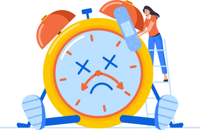Time Is Over Concept Female Character Trying To Fix Broken Alarm Clock Sticking Patch On Dial Office Woman Overtime Tiny Manager Repair Huge Watches Cartoon People Vector Illustration Illustration