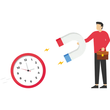 Time Management Smart Businessman Using Magnet To Stop Clock Hand Metaphor Of Time Manipulation Illustration