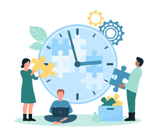 Time Management And Teamwork Vector Illustration Cartoon Tiny People Put Puzzle Pieces Into Big Clock Office Managers Control Workflow And Plan Organization Of Work Tasks With Effective Method Illustration