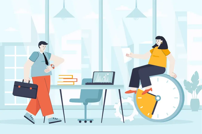 Time Management Concept In Flat Design Colleagues Work In Office Scene Organization Success Teamwork Doing Tasks Planning And Deadlines Vector Illustration Of People Characters For Landing Page Illustration