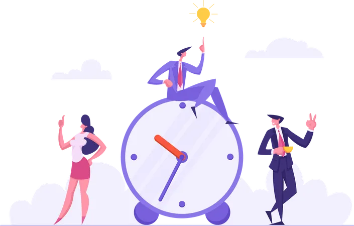 Time Management Concept With Successful Team Business Characters Organization Of Work Process With Alarm Clock And Businessmen Man With Idea Light Bulb Vector Flat Cartoon Illustration Illustration