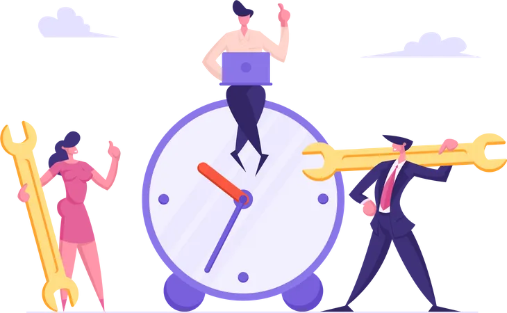 Time Management Concept With Business People Man And Woman Technical Support With Wrench Teamwork Brainstorming Business Solution Vector Flat Illustration Illustration