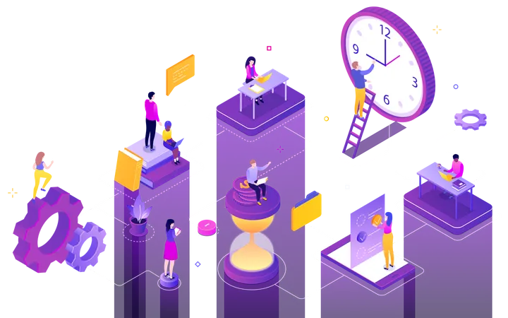 Time Management Colorful Isometric Vector Web Banner With Copy Space For Text A Composition With Business Team Male Female Colleagues Working With Laptops Clock Hourglass Deadline Concept Illustration