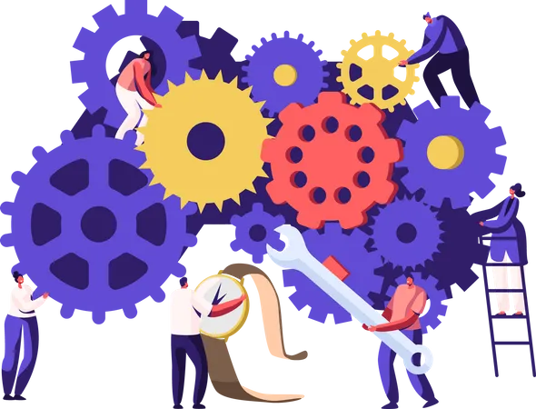 Tiny Men And Women Characters On Ladders With Repair Tools And Instruments Fixing Broken Clocks And Watches Huge Mechanism Made Of Gears And Cogwheels Time Concept Cartoon Flat Vector Illustration 일러스트레이션