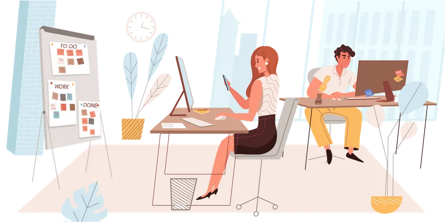 Time Management Concept In Flat Design Colleagues Work On Computers And Complete Tasks On Time Organization Of Work Processes Achievement Of Business Goals Office People Scene Vector Illustration Illustration