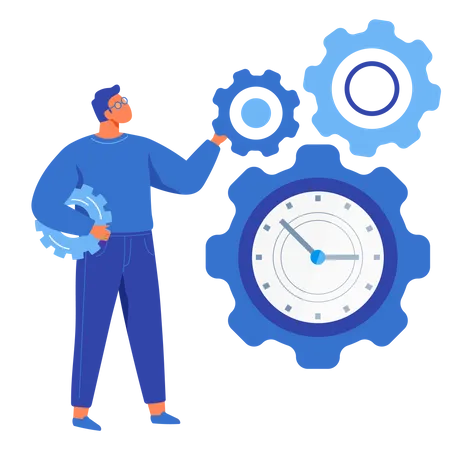 Working Process Searching For Ideas And Solutions Business Process Running Startup Work Motion Concept Man Stands Near Gear With Clock As Symbol Of Time Management Website Landing Page Template イラスト
