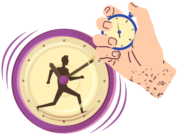 Precise Device Stopwatch For Measuring Time During Competition Hand Holds Stopwatch And Counts Minutes Time Spent Reporting Watch Vector Illustration Clock With Image Of Runner Athlete Illustration