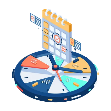 Time Management Concept Flat 3 D Isometric Clock Divided Into Parts With Calendar On Top Illustration