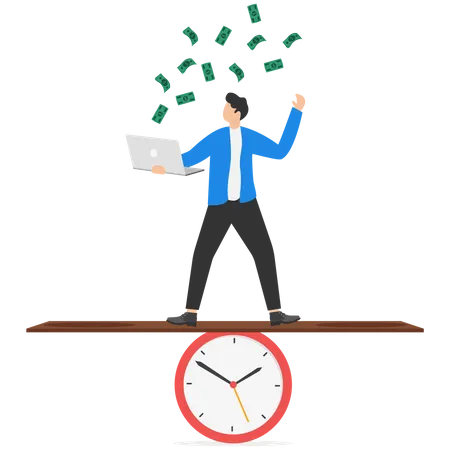 Time Management Managing To Finish A Project Within Deadline Productivity Or Efficiency To Finish Work Speed And Urgency Concept Smart Businessman Working With Computer Laptop Riding Clock Illustration