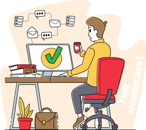 Time Management Work Productivity Business Working Process Organization Concept Satisfied Male Character Drinking Coffee At Computer With Tick On Screen After Work Done Linear Vector Illustration Illustration