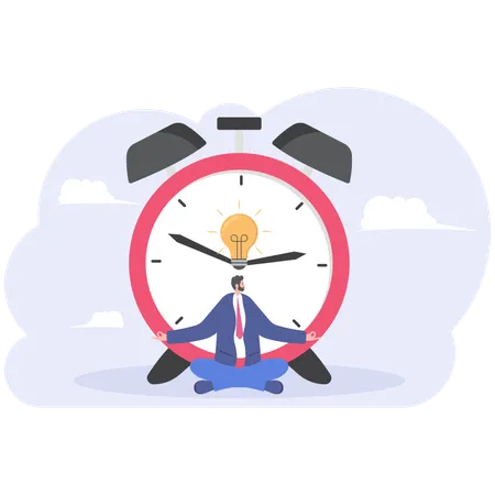 Businessman Meditating In Front Of Clock Time Management Concept Illustration Vector Cartoon Illustration