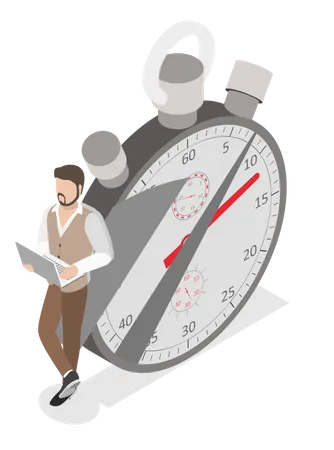 Time Management Flat Isometric Vector Concept Stylish Young Man Is Standing With His Laptop Near The Stopwatch Leaning At It Illustration