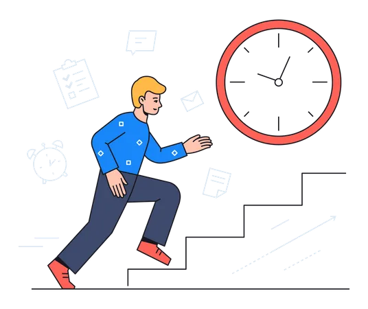 Time Management Colorful Flat Design Style Illustration With Line Elements On White Background A Composition With A Boy Running Up The Stairs Clock Images Of A Check List Email Deadline Concept Illustration