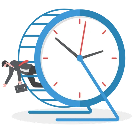 Exhausted And Fatigue From Routine Job Tried Or Burnout From Overworked Time Management Problem Concept Exhausted Tried Businessman Lay Down In Hamster Rat Race With Time Running Clock Illustration