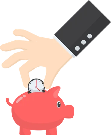 Businessman Hand Putting Clock Into Piggy Bank Time Management And Time Saving Concept Illustration