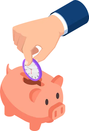 Flat 3 D Isometric Businessman Hand Collect Time Into Piggy Bank Time Management Concept Illustration