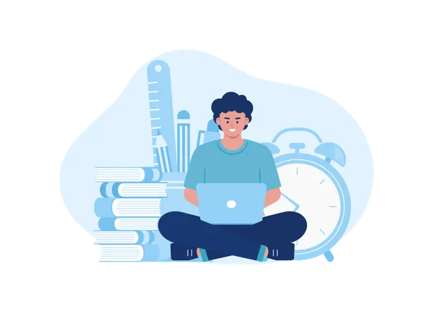 Time To Learn Students Are Sitting And Studying Using Laptops Trending Concept Flat Illustration Illustration