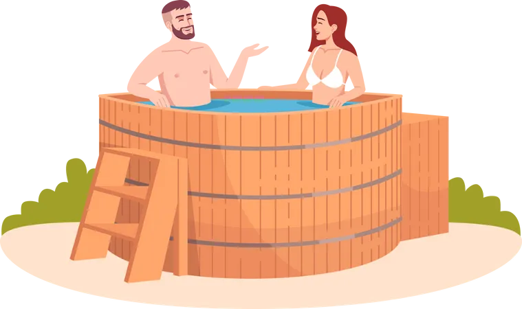 Bañera de madera para relajación de amigos.  Ilustración