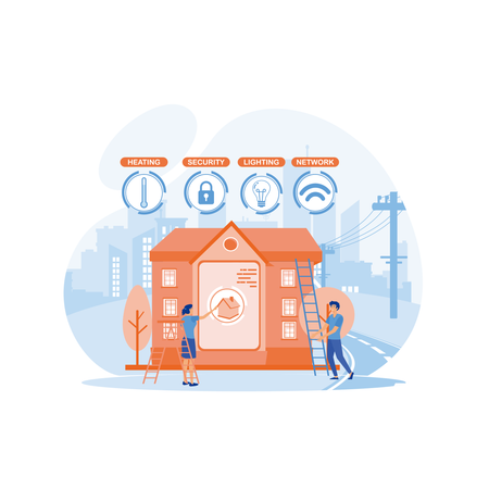 Tiny business people at innovative smart home automation system  イラスト