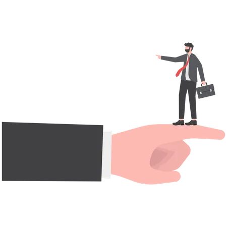Tiny businessman standing on giant hand pointing in opposite direction  Illustration