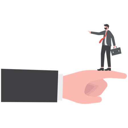 Tiny businessman standing on giant hand pointing in opposite direction  Illustration