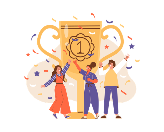 Tiny cheerful people next to gold trophy cup  Illustration