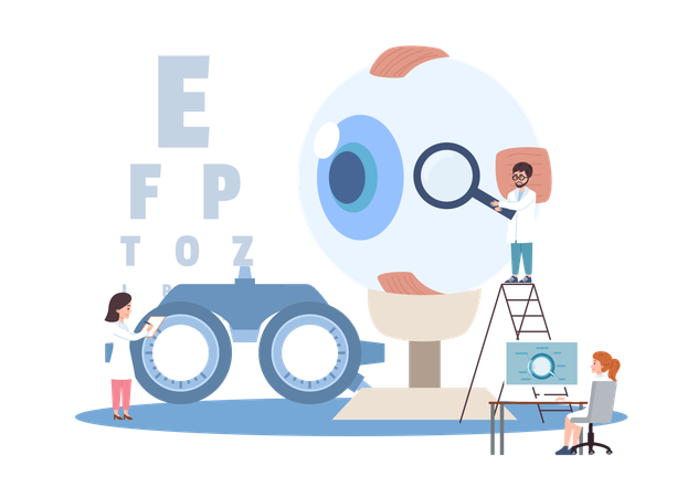 Tiny doctors and huge eye and check devices  Illustration