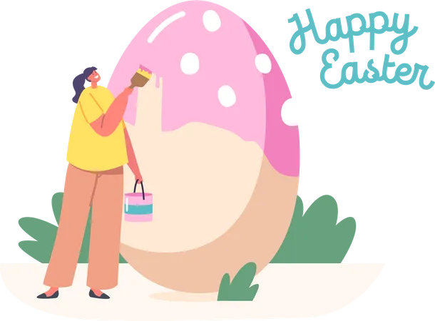 Happy Woman Prepare For Easter Spring Holiday Celebration Tiny Female Character With Paints In Bucket And Brush Decorate And Painting Huge Easter Egg Cartoon Vector Illustration Illustration