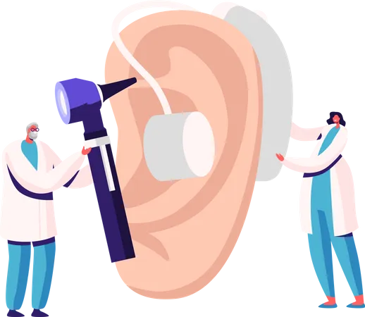 Tiny Male Female Doctors Fitting Deaf Aid on Huge Patient Ear. Hearing Loss Medical Health Problem, Otolaryngology Illustration