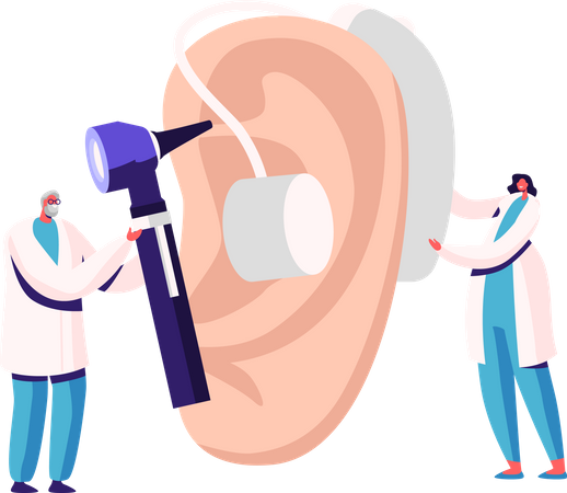 Tiny Male Female Doctors Fitting Deaf Aid on Huge Patient Ear. Hearing Loss Medical Health Problem, Otolaryngology  Illustration