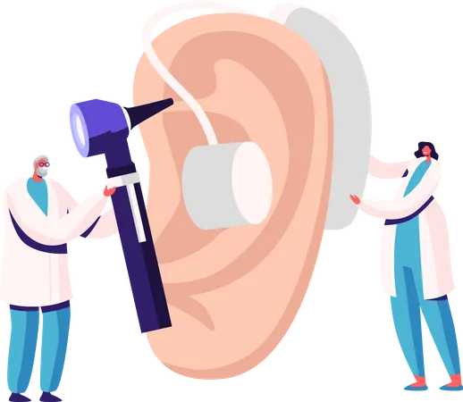 Tiny Male Female Doctors Fitting Deaf Aid on Huge Patient Ear. Hearing Loss Medical Health Problem, Otolaryngology  Illustration