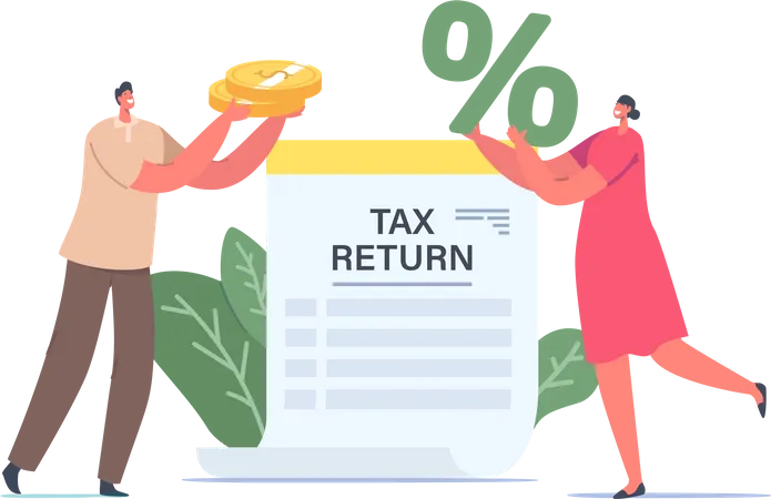 Tiny Male or Female Characters Holding Huge Golden Coins and Percent Symbol at Tax Return Paper Document, Money Cashflow Illustration