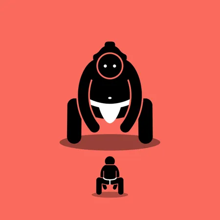 Vector Artwork Depicts A Small Person Ready To Fight With Large Giant Sumo Concept Of Challenge Boss Fight Difficult Level And The Underdog Illustration